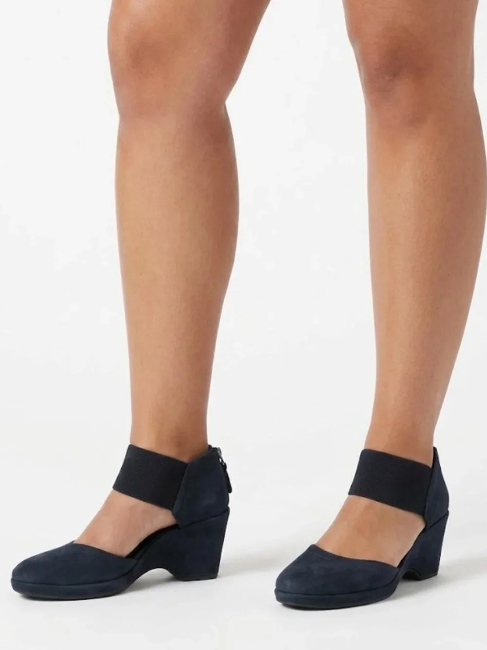 Nurture Larow Navy Blue Leather Wedge Shoes Ankle Band Size 6.5M